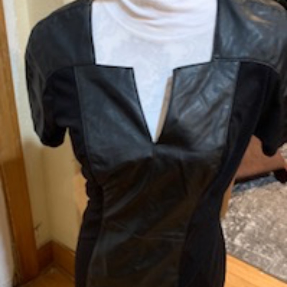 Black Leather and Fabric Look Dress, Back Zip, ECI